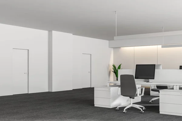 Modern beyaz boş ofis iç iş alanı bilgisayarlarda ve mobilya ile. 3D render — Stok fotoğraf