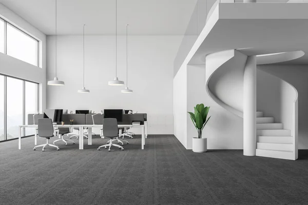 White open space office interior with stairs
