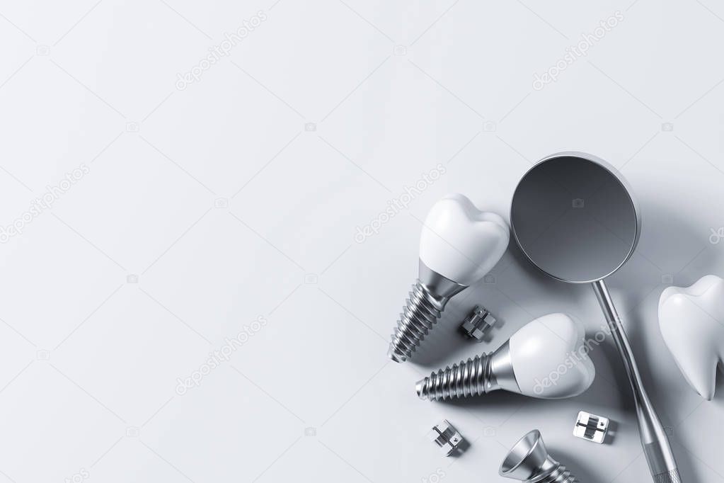 Implant screw teeth and mirror, white background