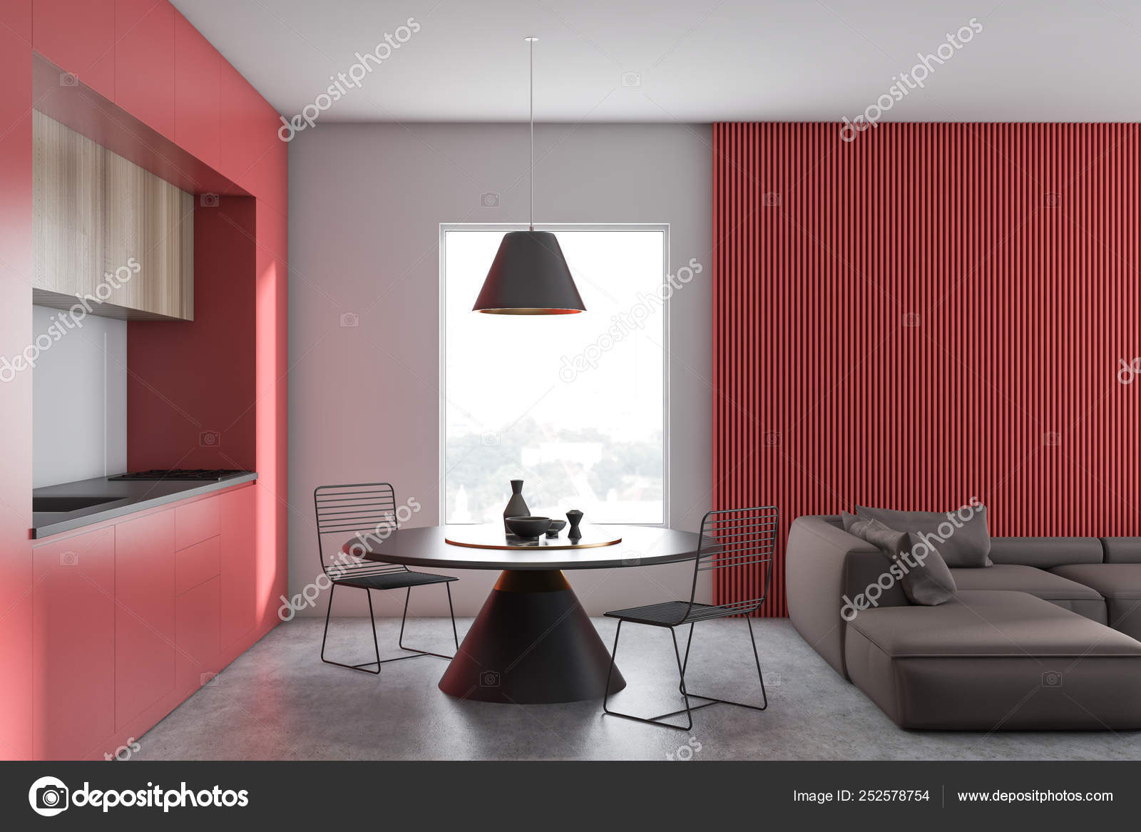 Red And White Living Room And Kitchen Stock Photo