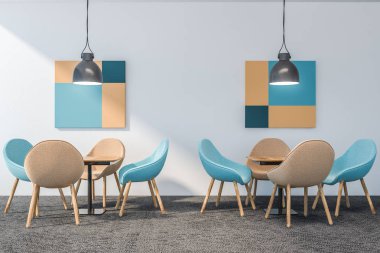 Beyaz Restoran iç ahşap iki masa, sandalye ile. 3D render