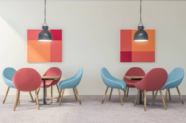 Beyaz Restoran iç ahşap masa, sandalye ile. 3D render