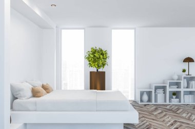 Şık yatak odası iç king size Yataklı, moda bir beyaz yatak ile. 3D render.