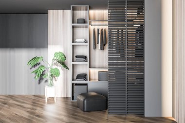 Modern ahşap gardırop. Giysileri demiryoluna asılmış. Dolabın içinde yürüyor. 3 Boyutlu Hazırlama