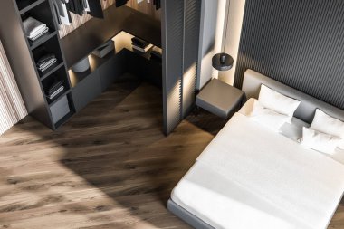 Şık yatak odası iç king size Yataklı, moda bir beyaz yatak ile. 3D render. Gardırop. Üstten Görünüm