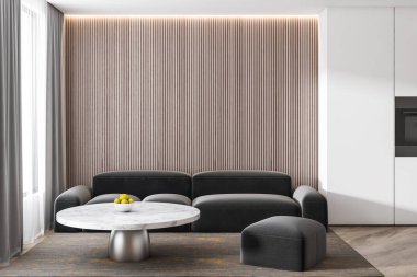 Modern güzel oturma odası kanepe iç gri beton duvar. 3D render.