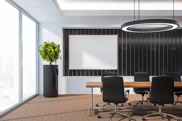 Moderna sala de conferencias con muebles, ventanas grandes y vista a la ciudad 3D Render Mock up —  Fotos de Stock