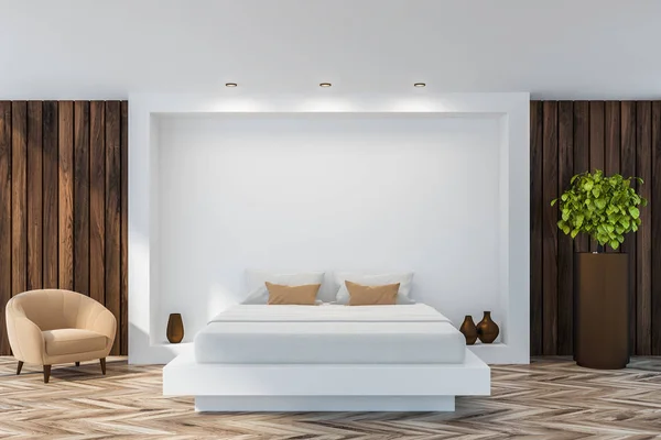 Stylová ložnice interiér s bílým povlečením king size postel v módní. 3D vykreslování. — Stock fotografie