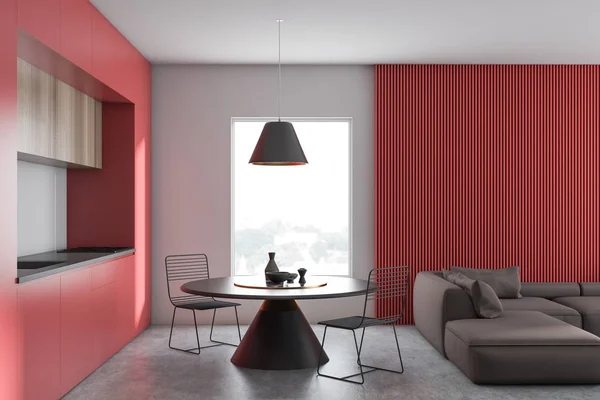 Rode en witte woonkamer en keuken — Stockfoto
