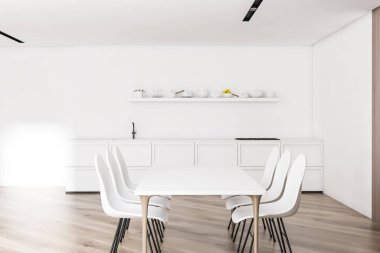 Modern tasarım beyaz mutfak iç pencere ışık ile. 3D render.
