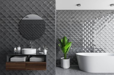 Gri karo banyo iç, küvet ve lavabo