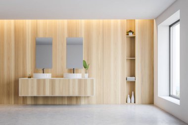 Beyaz ve ahşap banyo iç, çift lavabo