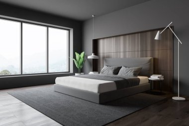 Şık yatak odası iç king size Yataklı, moda bir beyaz yatak ile. 3D render.