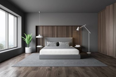 Şık yatak odası iç king size Yataklı, moda bir beyaz yatak ile. 3D render.