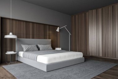 Şık yatak odası iç king size Yataklı, moda bir beyaz yatak ile. 3D render.