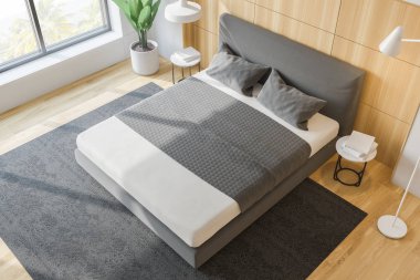 Şık yatak odası iç king size Yataklı, moda bir beyaz yatak ile. 3D render. Üstten Görünüm