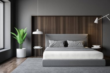 Şık yatak odası iç king size Yataklı, moda bir beyaz yatak ile. 3D render.