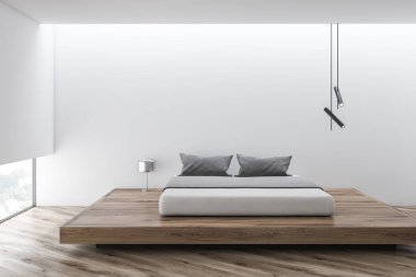 Şık yatak odası iç king size Yataklı, moda bir beyaz yatak ile. 3D render.