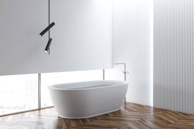 Küvette gökdelen binası ile beyaz şık banyo iç. 3D render.