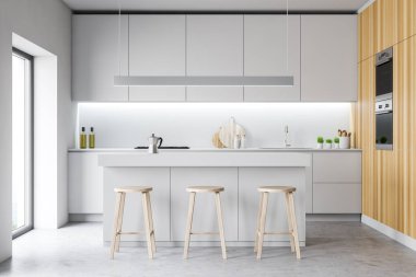 Modern rahat tasarım mutfak iç mobilya ile. 3D render.