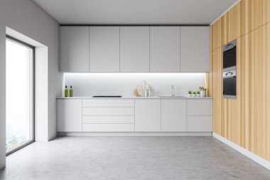 Modern tasarım mutfak iç pencere ve şehir veiw ile boş. 3D render.