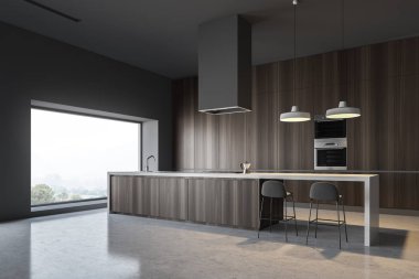 Koyu ahşap mutfak köşesi ile bar ve fırınlar