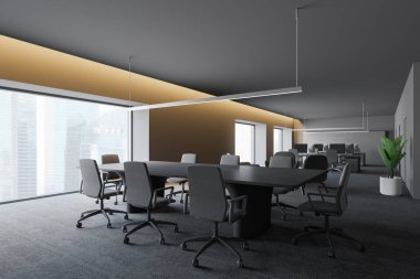 Çalışma alanı ile modern karanlık ofis iç. 3D render. başarılı iş kavramı.