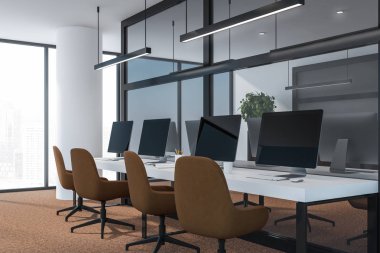 Çalışma alanı ile modern karanlık ofis iç. 3D render. başarılı iş kavramı.