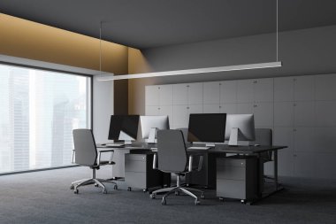 Çalışma alanı ile modern karanlık ofis iç. 3D render. Şehir veiw.