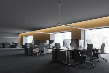 Çalışma alanı ile modern karanlık ofis iç. 3D render. Şehir veiw.