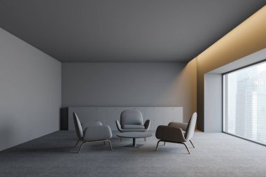 Çalışma alanı ile modern karanlık boş ofis iç. 3D render