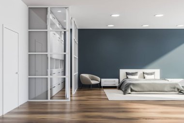 Şık yatak odası iç king size Yataklı, moda bir beyaz yatak ile. 3D render.