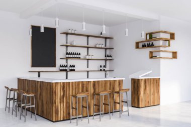 Beyaz Restoran iç ahşap masa, sandalye ile. 3D render