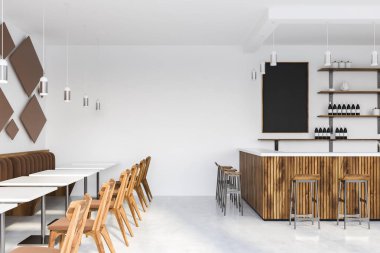 Beyaz Restoran iç ahşap masa, sandalye ile. 3D render