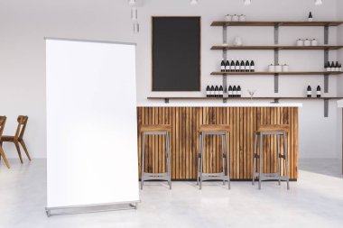 Beyaz Restoran iç ahşap masa, sandalye ile. 3D render. Yukarı alay.