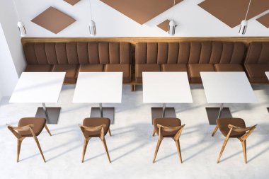 Beyaz Restoran iç ahşap masa, sandalye ile. 3D render. Üstten Görünüm.