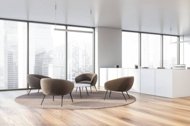 Relax alan içeren modern beyaz boş ofis iç. 3D render