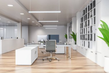 Modern beyaz boş ofis iç ile yemek yer. 3D render. Şehir Manzaralı.