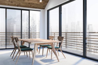 Modern beyaz boş ofis iç ile yemek yer. 3D render. Şehir Manzaralı.