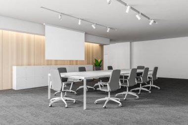 Modern beyaz boş ofis iç tartışmalar alanına sahip. 3D render. Mockup poster.