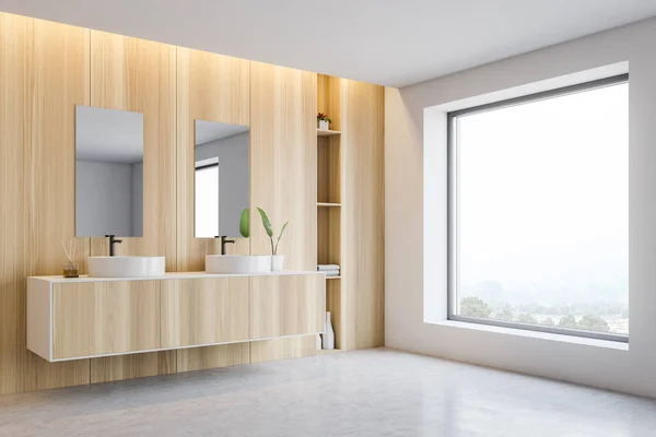 Vitt och trä badrum med fönster — Stockfoto