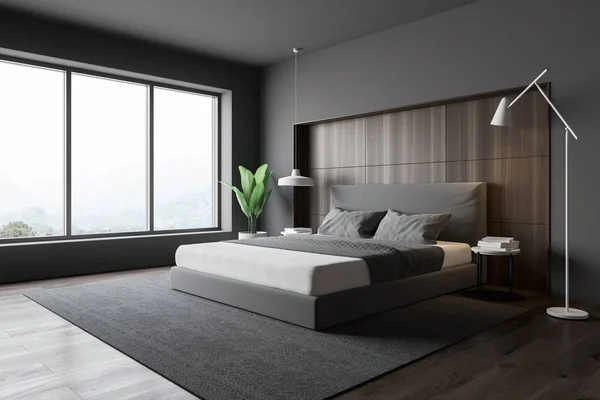 Stílusos szoba belső King-size ágy, divatos fehér ágynemű. 3D render. — Stock Fotó