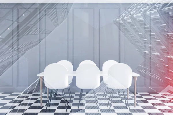 Interior restoran putih dengan meja kayu, kursi. render 3d — Stok Foto