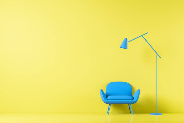 Chair in colored background wall in open space with morden lamp. Mock up. 3D render