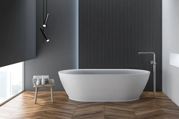 Interno bagno in stile bianco e nero con vasca e pavimento in legno. rendering 3d . — Foto Stock