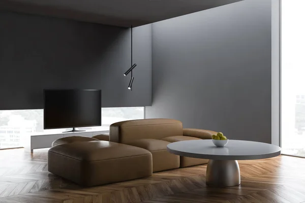Pared de hormigón gris en un moderno y encantador salón sofá interior. 3d renderizar . — Foto de Stock