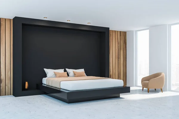 Elegante interno camera da letto con biancheria da letto bianca del letto king size alla moda. rendering 3d . — Foto Stock