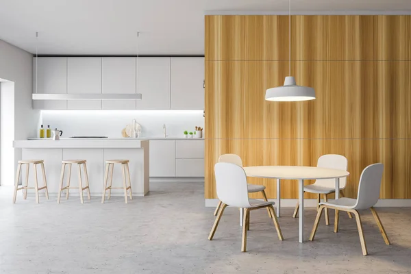 Moderne, gemütliche Einbauküche mit Möbeln. 3D-Darstellung. — Stockfoto