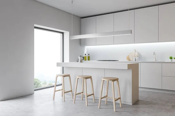 Modern tasarım mutfak iç pencere ve şehir veiw ile. 3D render. — Stok fotoğraf