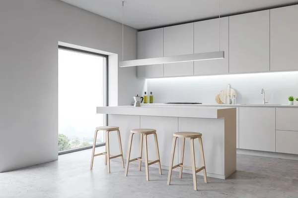 Nowoczesny design wnętrza kuchnia z okna i miasta veiw. 3D render. — Zdjęcie stockowe